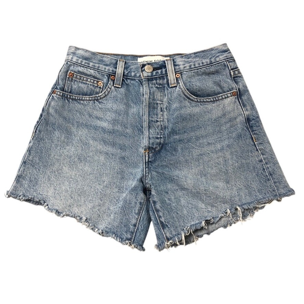 Denim Forum The Ex-Bf Hi Mid-Thigh Denim Shorts Womens 24 Blue High Rise Raw Hem